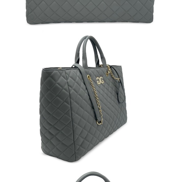 Gilda Paris Large Grey Vegan Leather Quilted Travel Tote Bag with Gold Hardware. - Picture 7 of 7